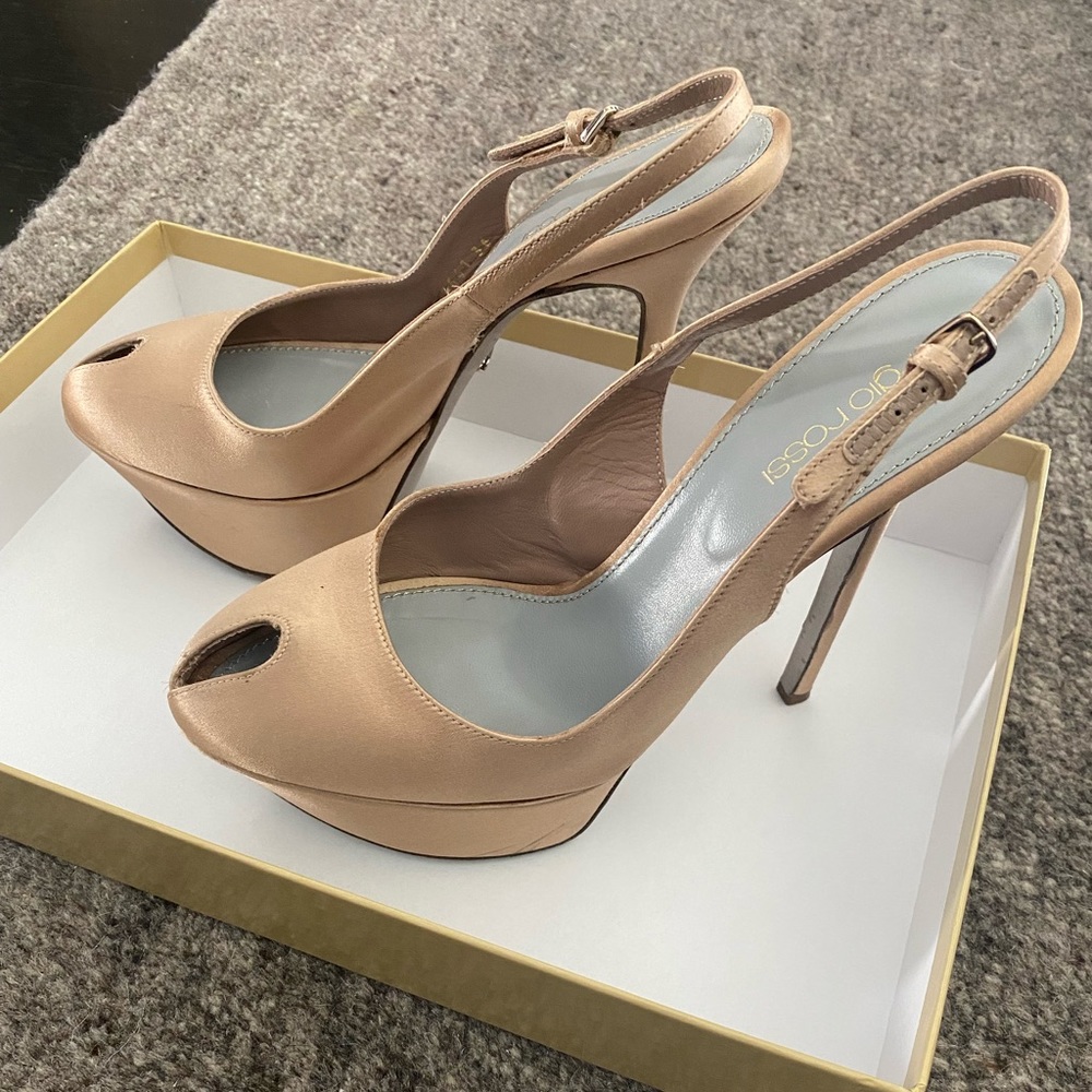 Sergio Rossi Nude Satin Platform Slingback Heels